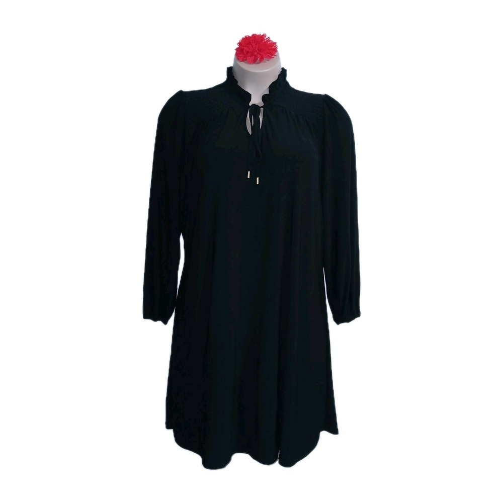 Nine West Women Ruffle Neck Shift Dress XL Black LBD Smocked Boxy Minimalist